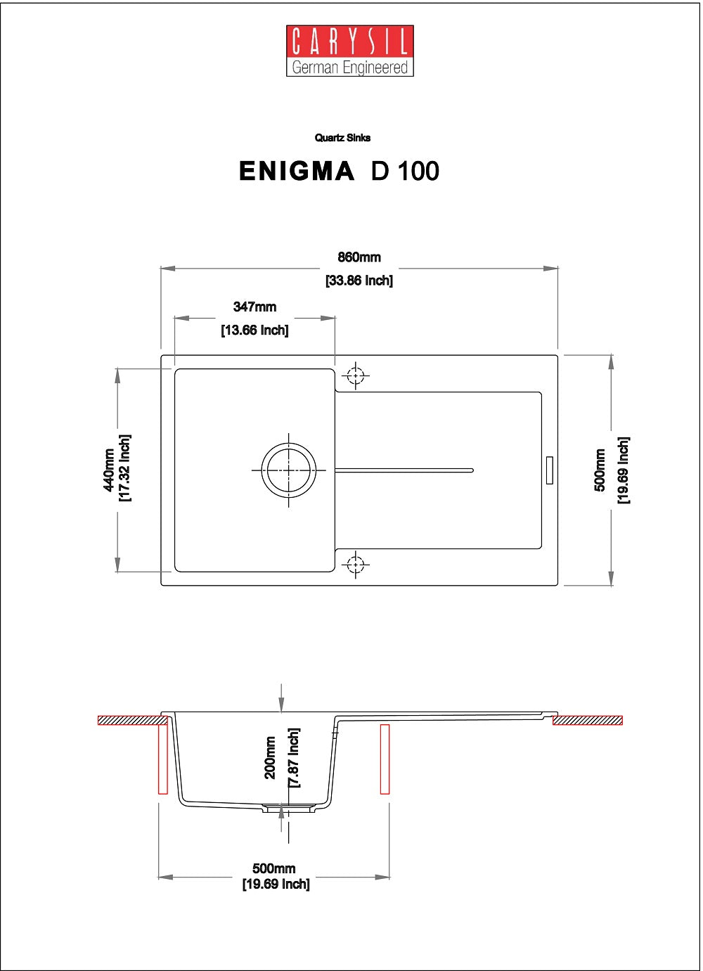 Carysil- Kitchen Sink - Enigma  -D-100 - Single Bowl With Darner